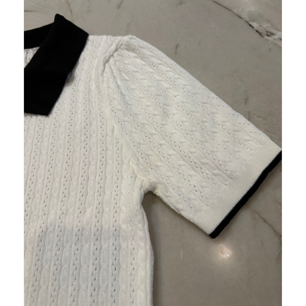Pointelle White Cable Knit Puff Sleeve Sweater Black Collar Bow Sz Small Sm 170 - Picture 4 of 10